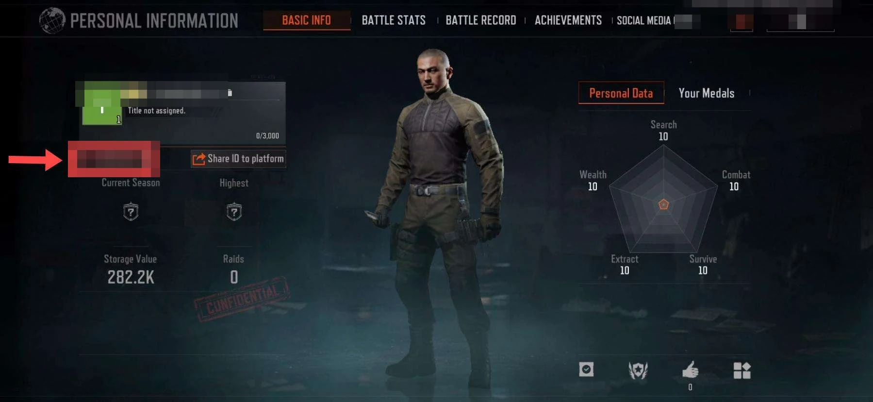 Arena Breakout Personal Info screen showing the Player ID location