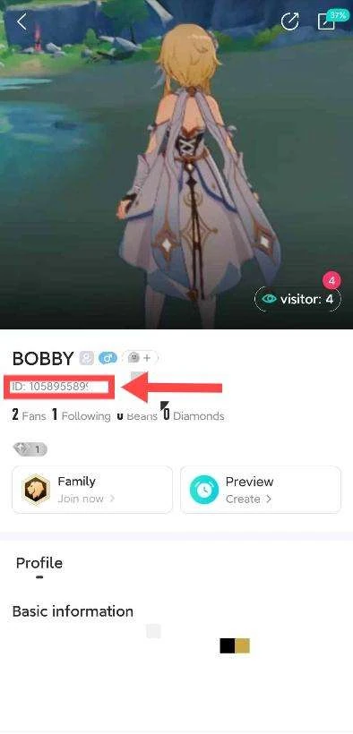 Bigo Live profile screen showing where the account ID is displayed