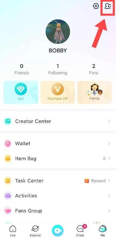 Bigo Live profile menu used to open the account ID