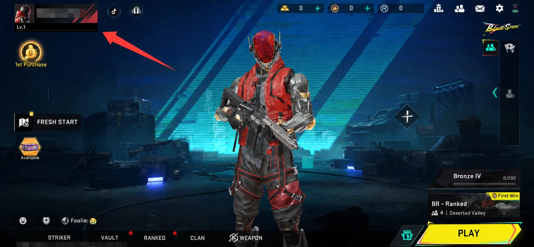 Blood Strike lobby with the player profile entry highlighted and private account details mosaicked