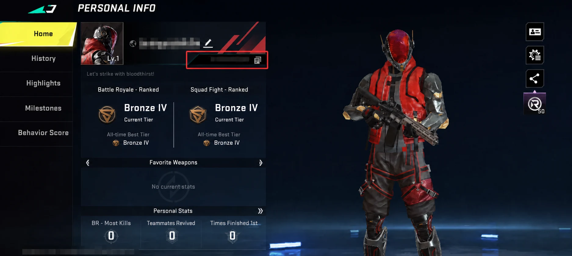 Blood Strike Personal Info screen showing where to copy the UID with private details mosaicked