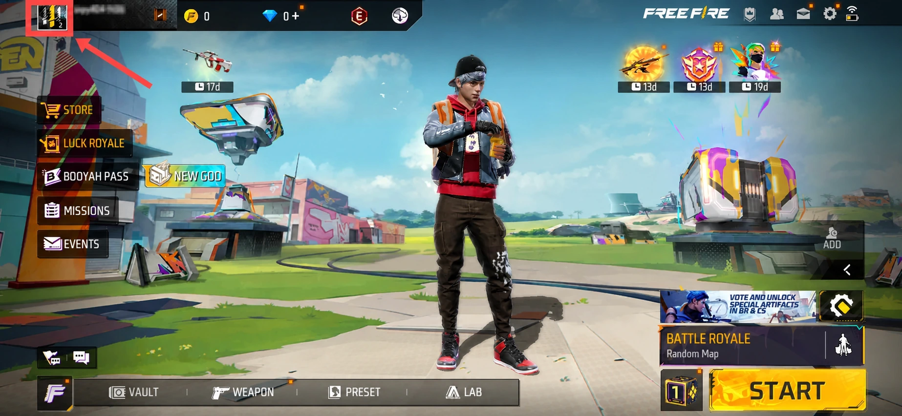 Free Fire lobby with the top-left player avatar highlighted for opening the profile and the player name mosaicked
