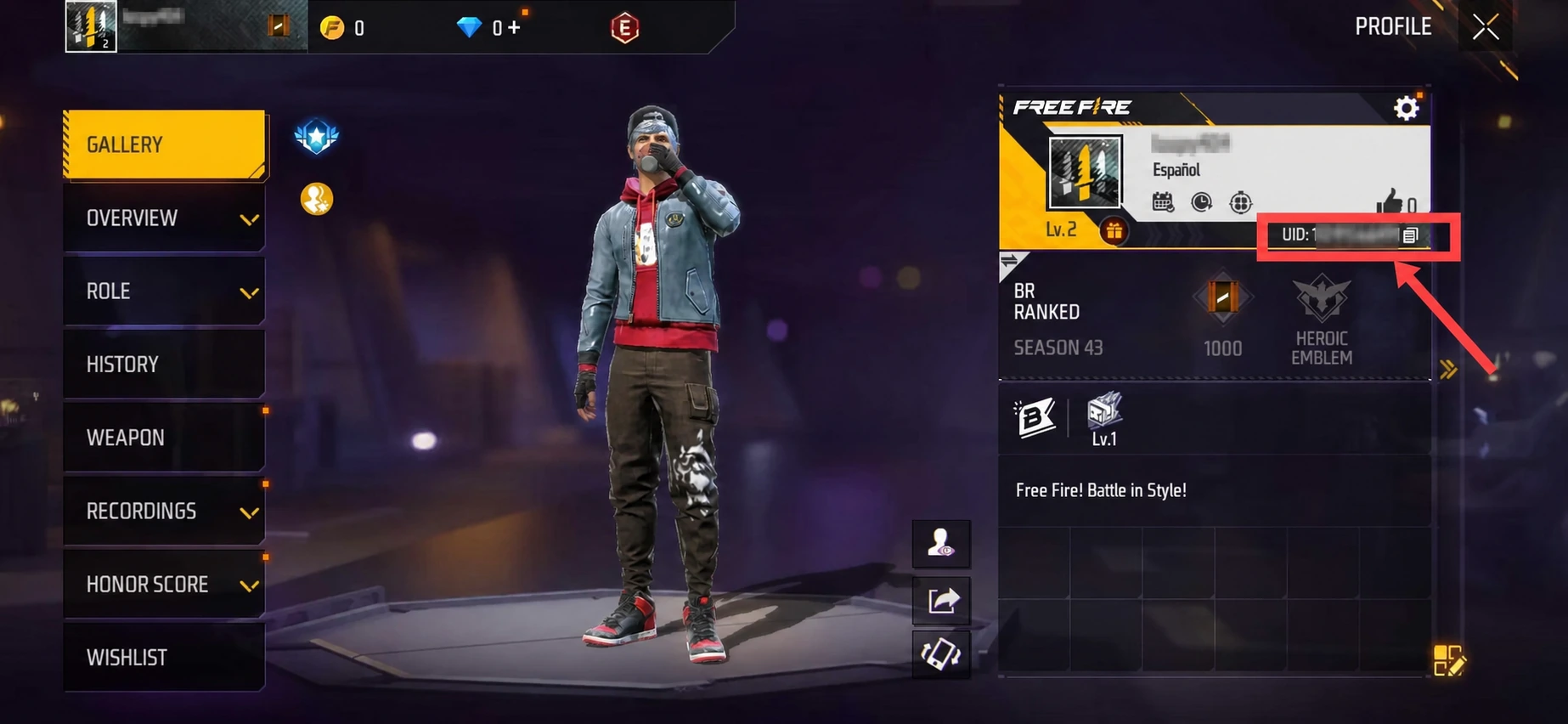 Free Fire profile showing the highlighted UID location with the player name and UID mosaicked