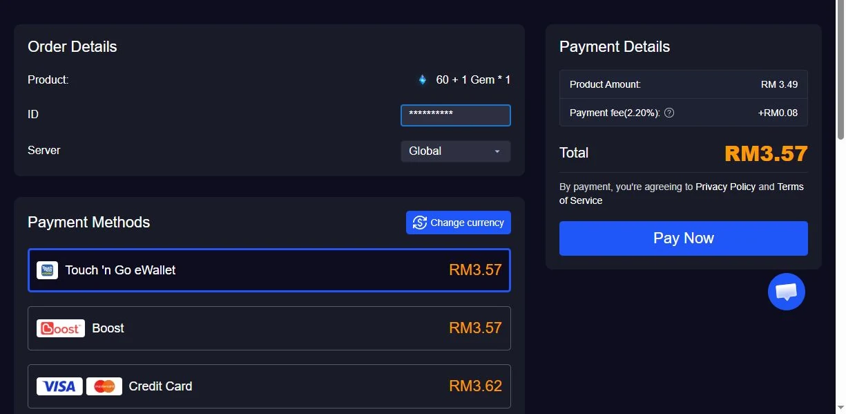 ManaBuy NIKKE Malaysia checkout showing MYR payment methods and final total with the account ID hidden