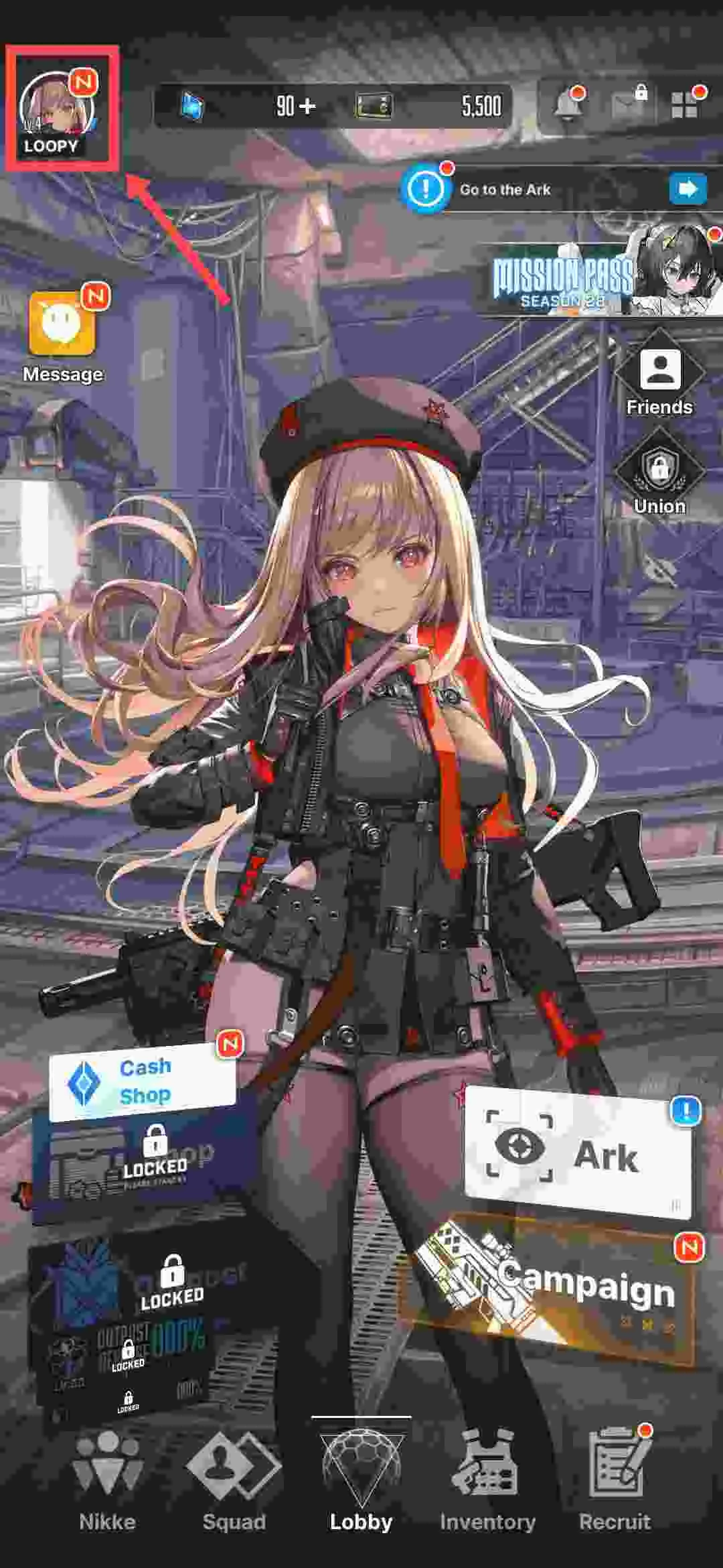 NIKKE lobby with the top-left player avatar highlighted for opening the profile