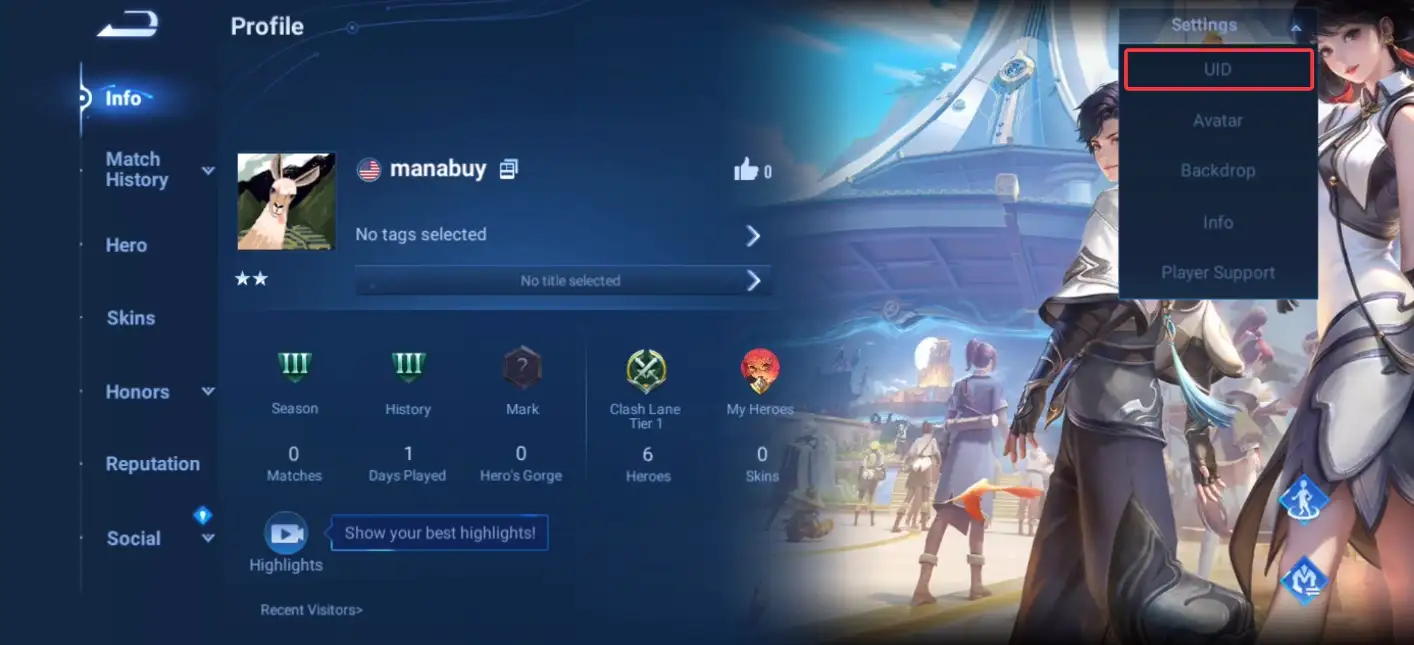 Honor of Kings settings menu used to open UID details