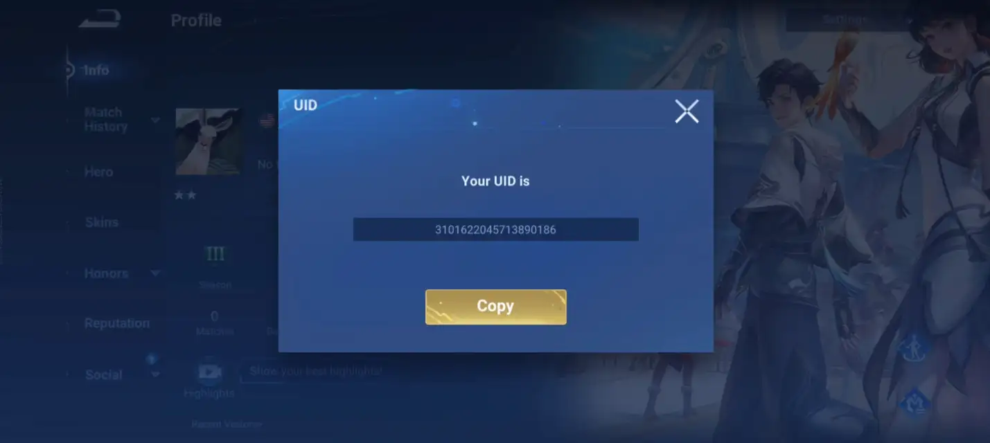 Honor of Kings UID screen for copying the account identifier