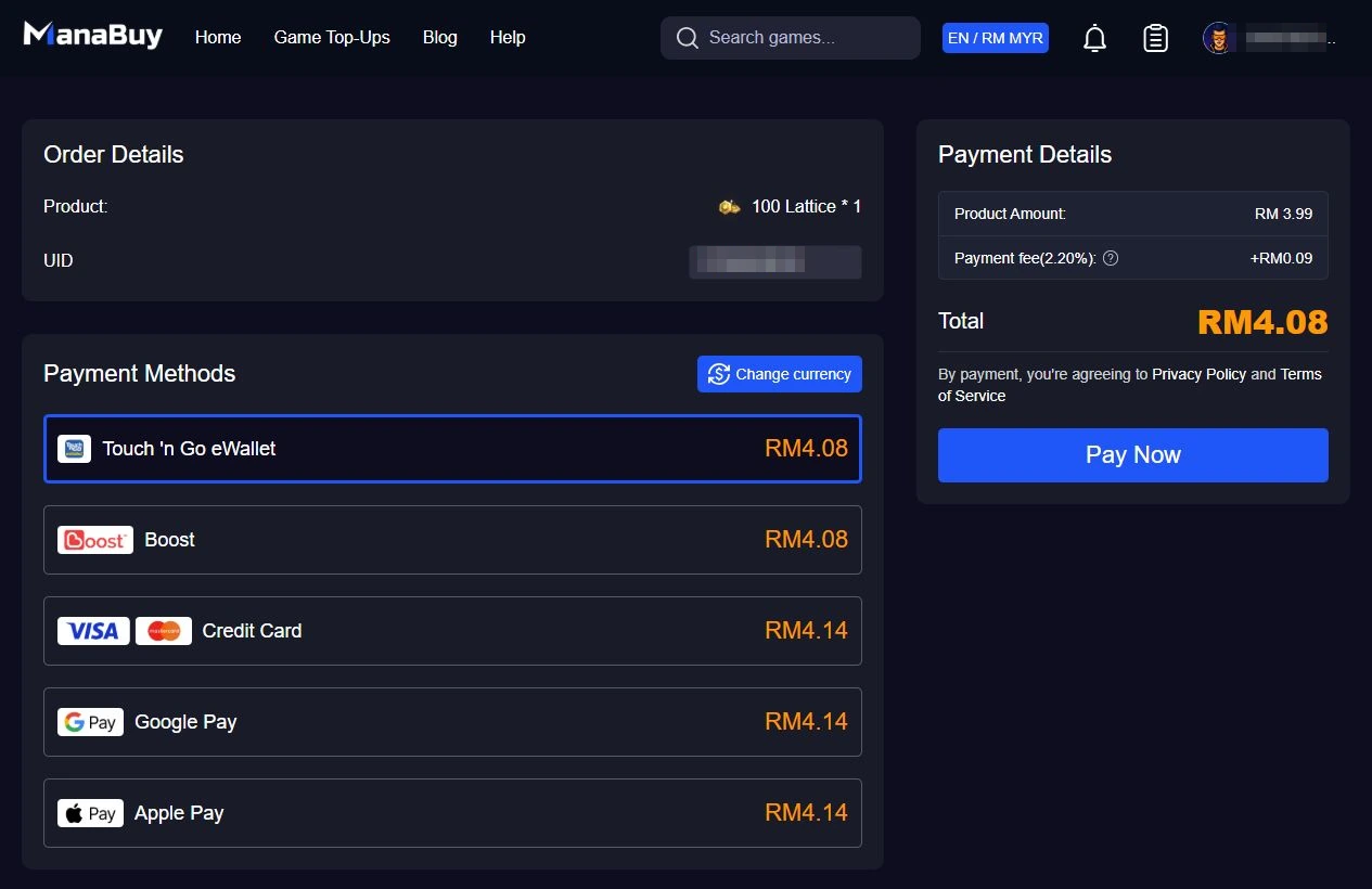 ManaBuy Marvel Rivals Malaysia checkout showing payment methods, fees and final MYR totals with the UID pixelated