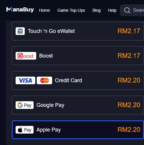 ManaBuy Malaysia checkout showing Touch n Go, Boost, Credit Card, Google Pay and Apple Pay final totals for an MLBB Diamond order