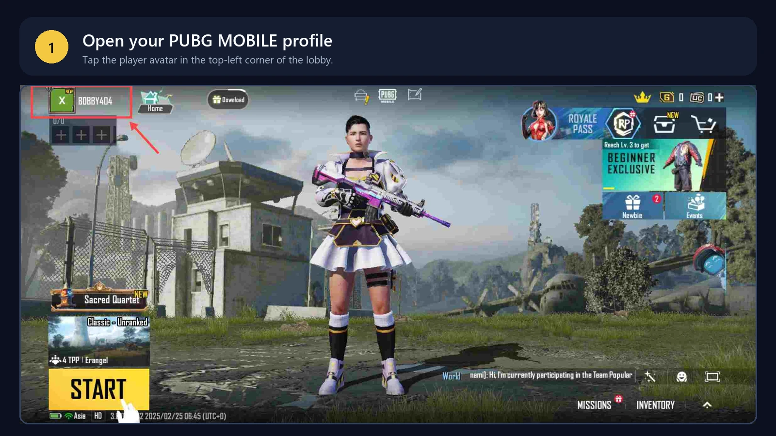 Open the PUBG MOBILE profile to find the player UID before topping up on ManaBuy
