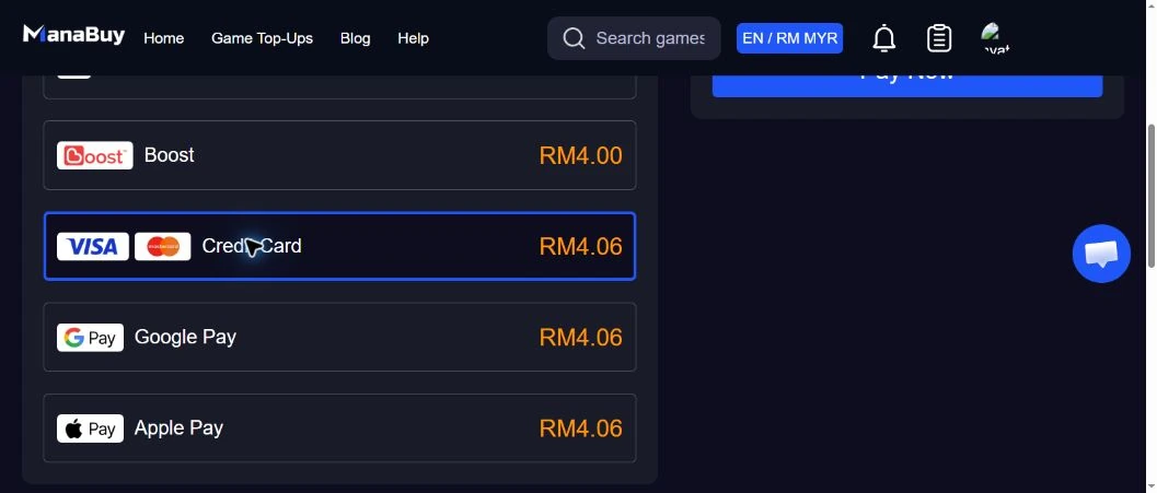 Credit Card, Google Pay and Apple Pay options displayed for PUBG MOBILE MYR checkout