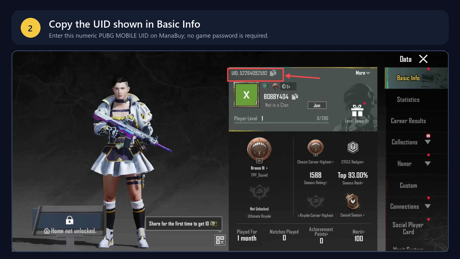 Copy the PUBG MOBILE UID from the player profile for ManaBuy order support