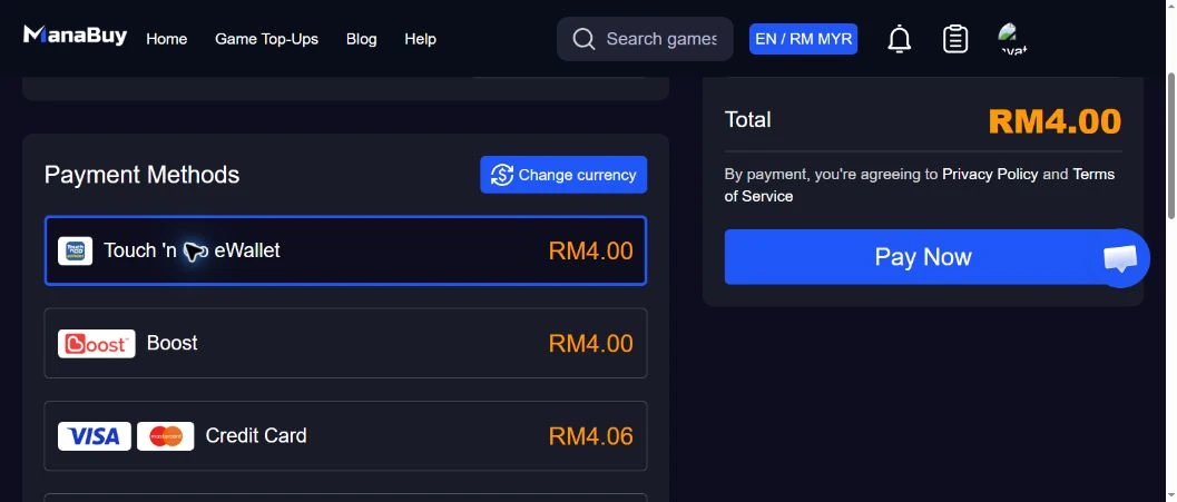 Touch 'n Go eWallet, Boost and card totals shown for a PUBG MOBILE 60 UC MYR checkout