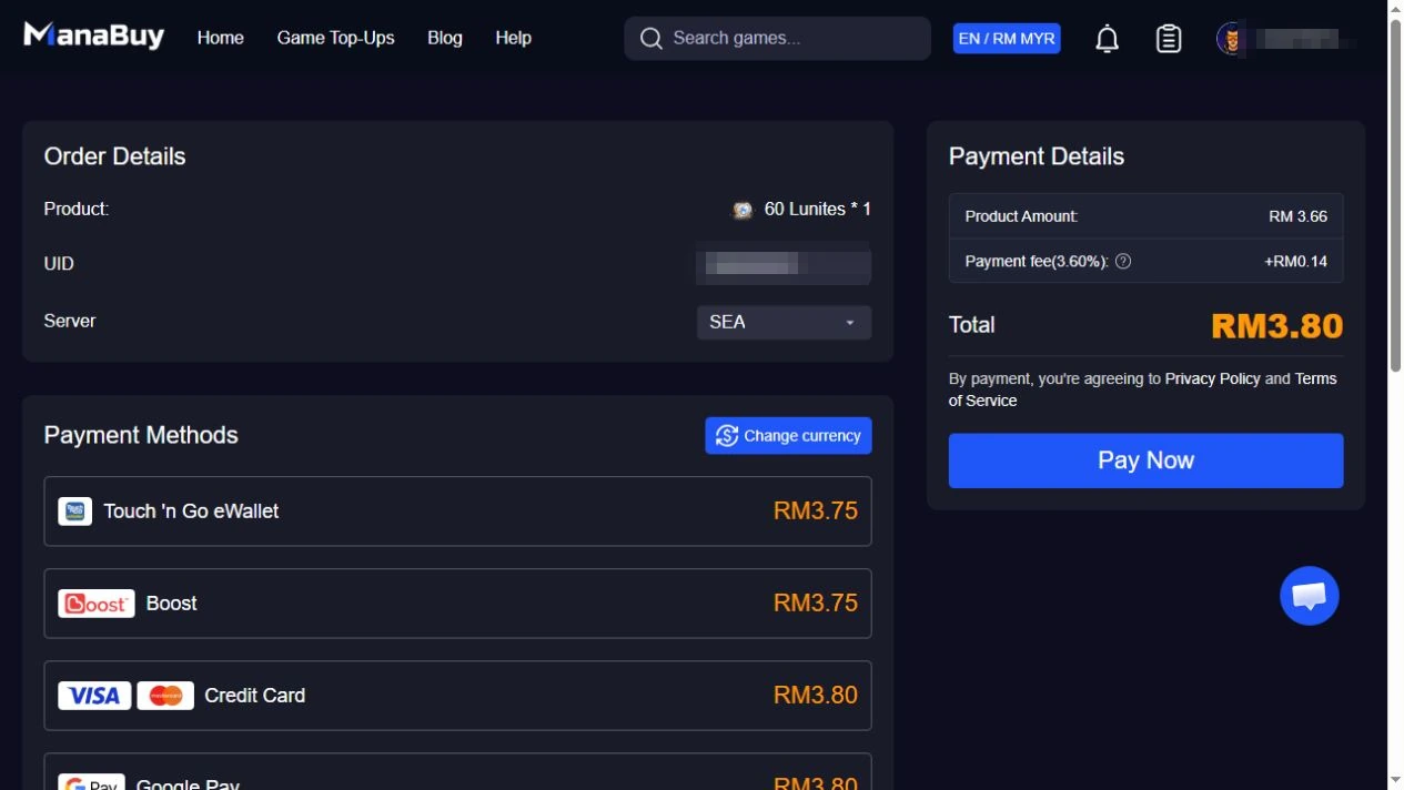 ManaBuy Wuthering Waves Malaysia checkout showing payment methods, fees and final MYR totals with the UID pixelated