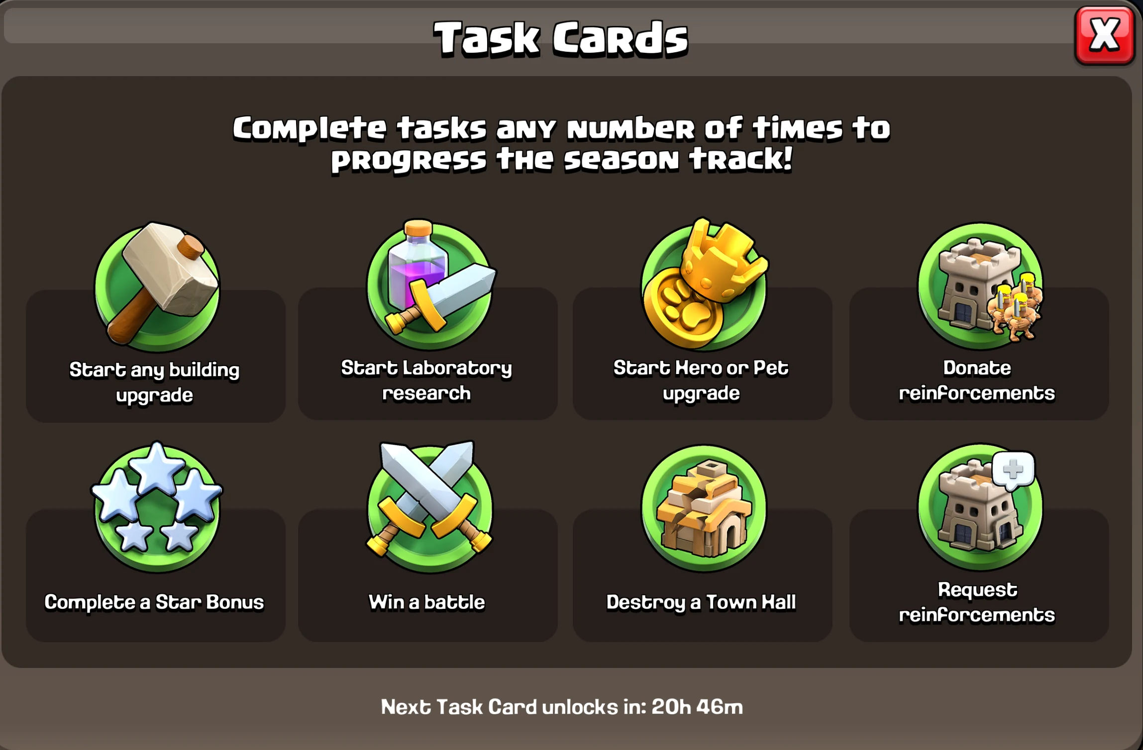 Official Clash of Clans Gold Pass Task Cards showing the eight repeatable gameplay tasks