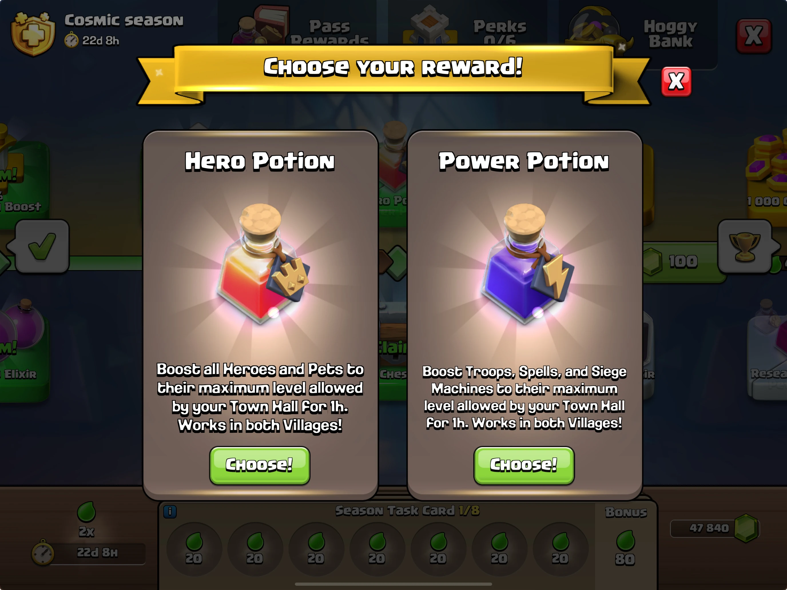 Official Clash of Clans Gold Pass Choice Node offering a Hero Potion or Power Potion