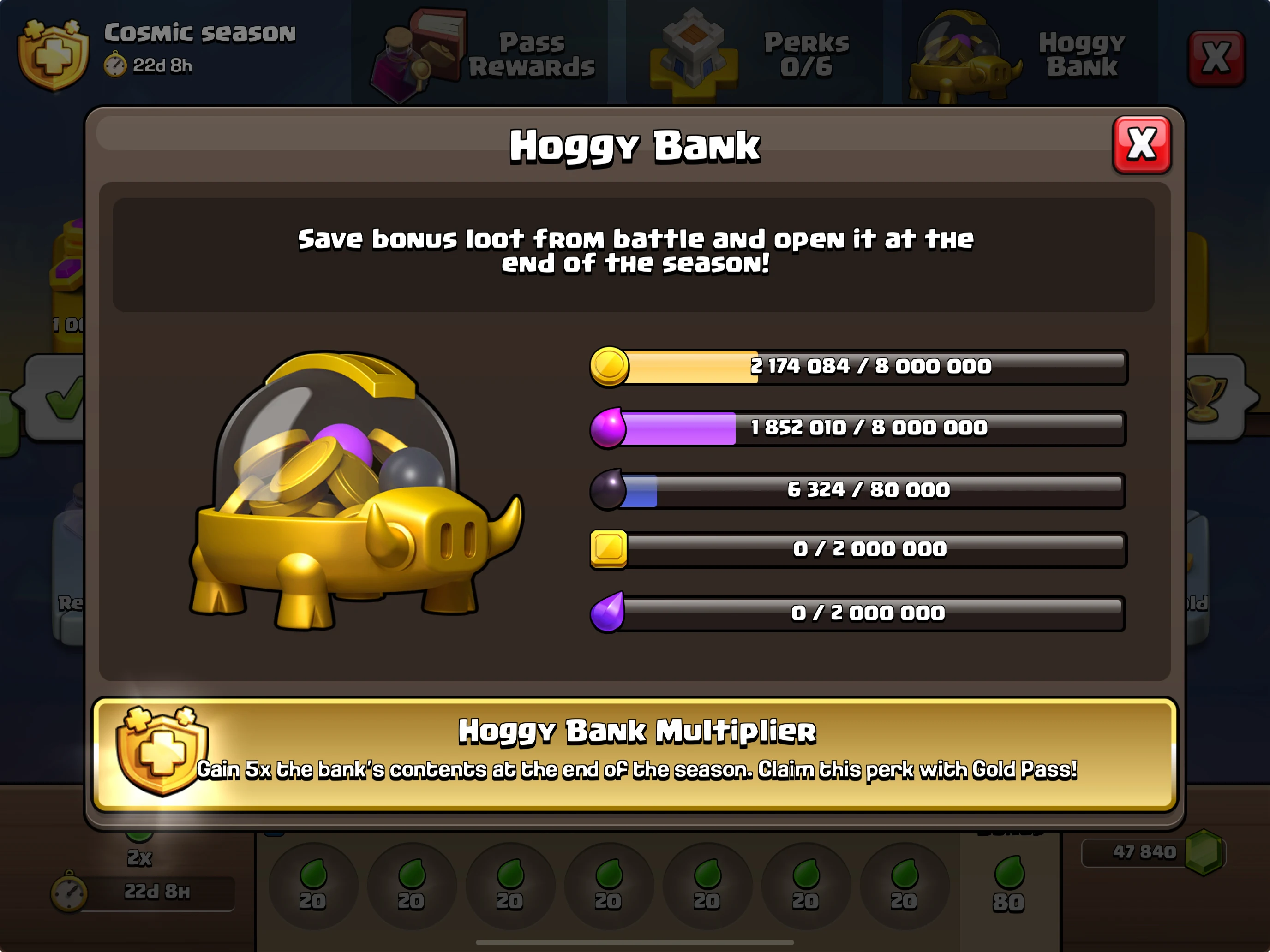 Official Clash of Clans Hoggy Bank interface showing the Gold Pass five-times multiplier