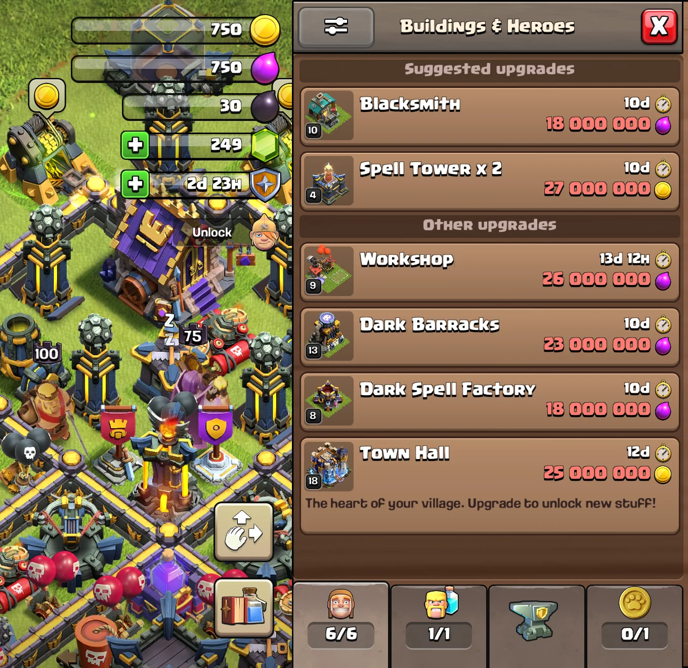 Buildings Heroes and upgrade suggestions in the Build menu