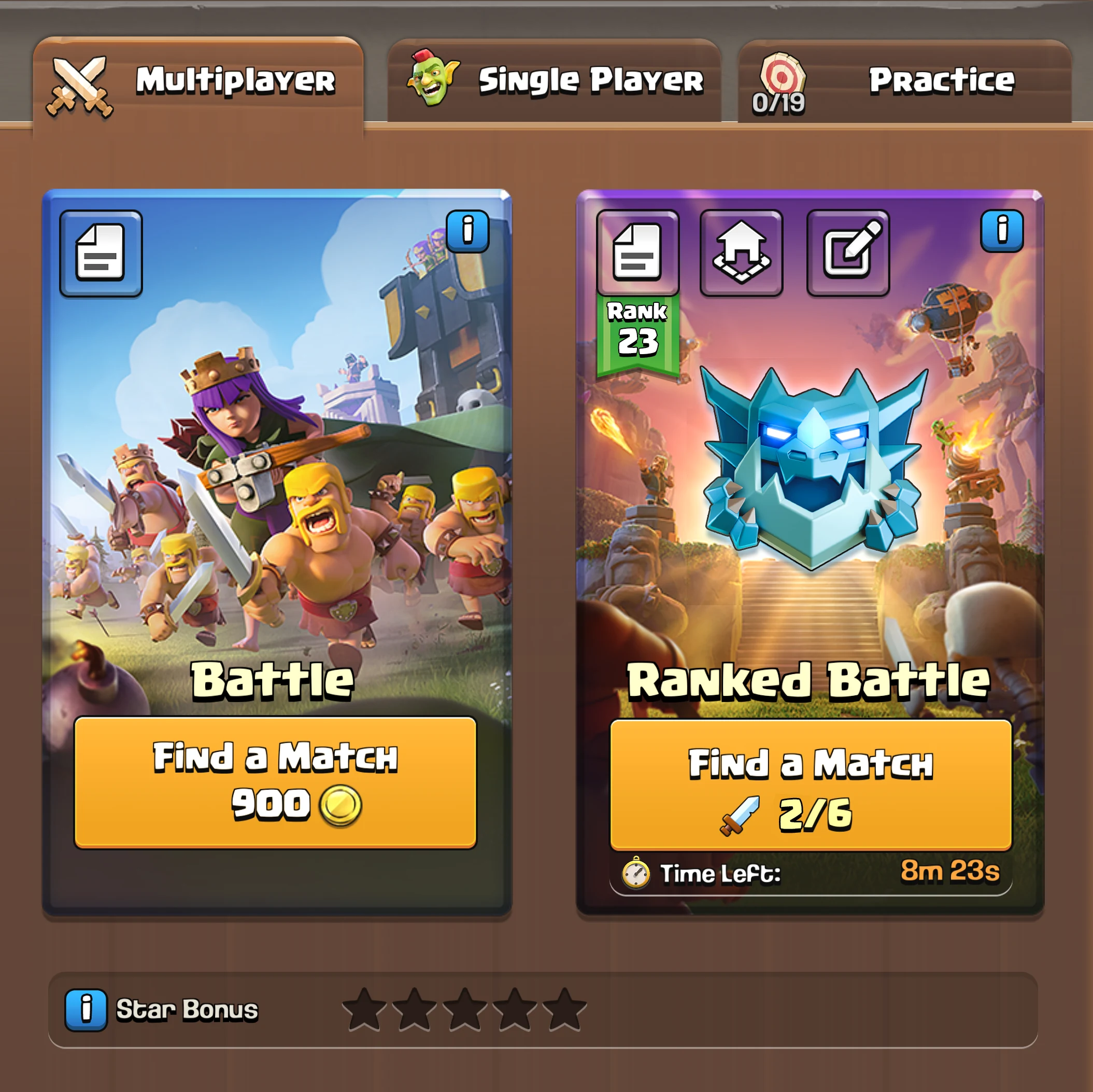 Official Clash of Clans Battle and Ranked Battle mode selection mockup