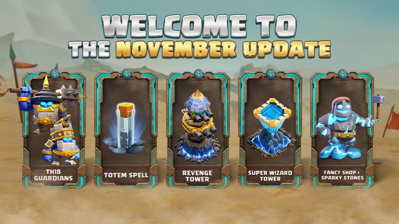 Official Town Hall 18 update overview showing Guardians, Totem Spell, Revenge Tower and Super Wizard Tower