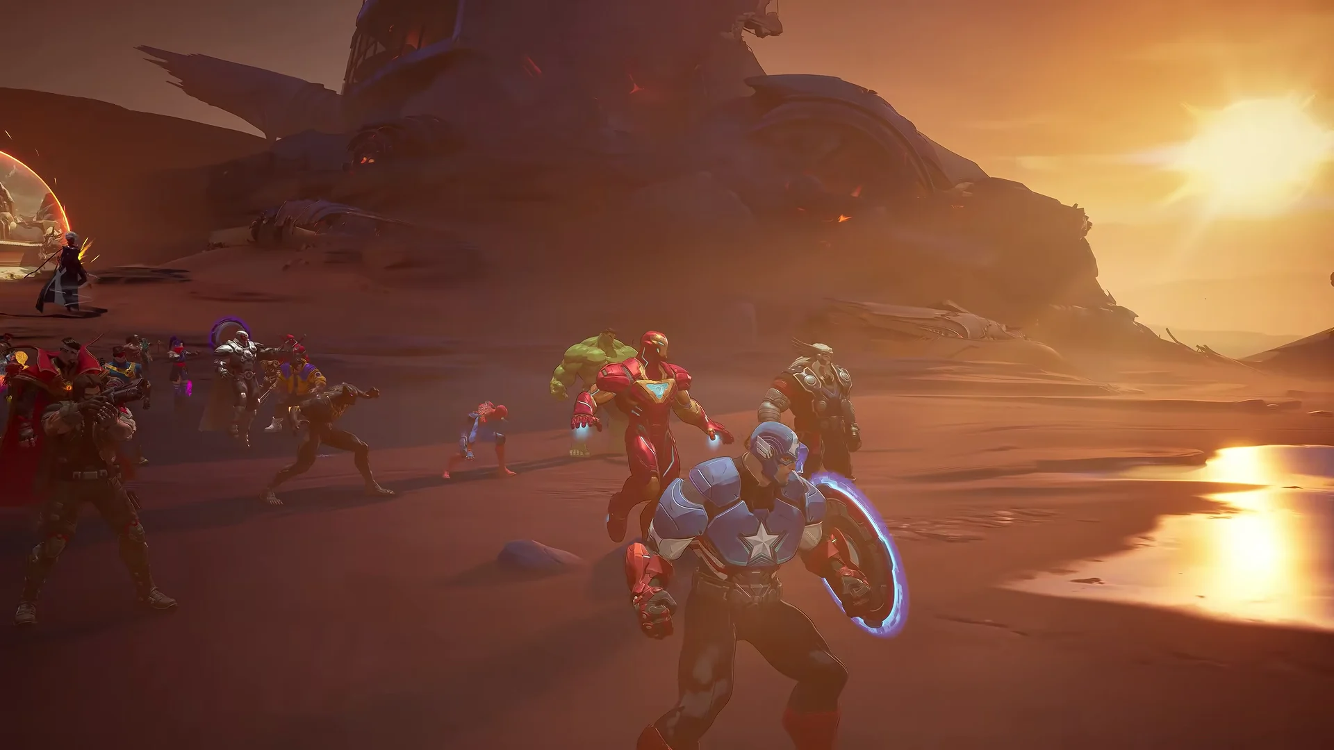 Avengers heroes advancing toward Thanos and his army