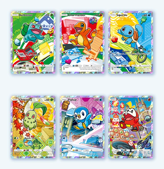 English First Partners cards featuring Bulbasaur, Charmander, Squirtle, Chikorita, Piplup, and Fuecoco