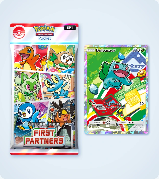English First Partners Special Pack and Bulbasaur card in Pokémon TCG Pocket