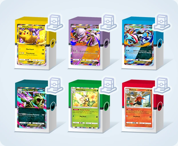 Six English Rental Deck displays for Pokémon TCG Pocket Dual Fusion