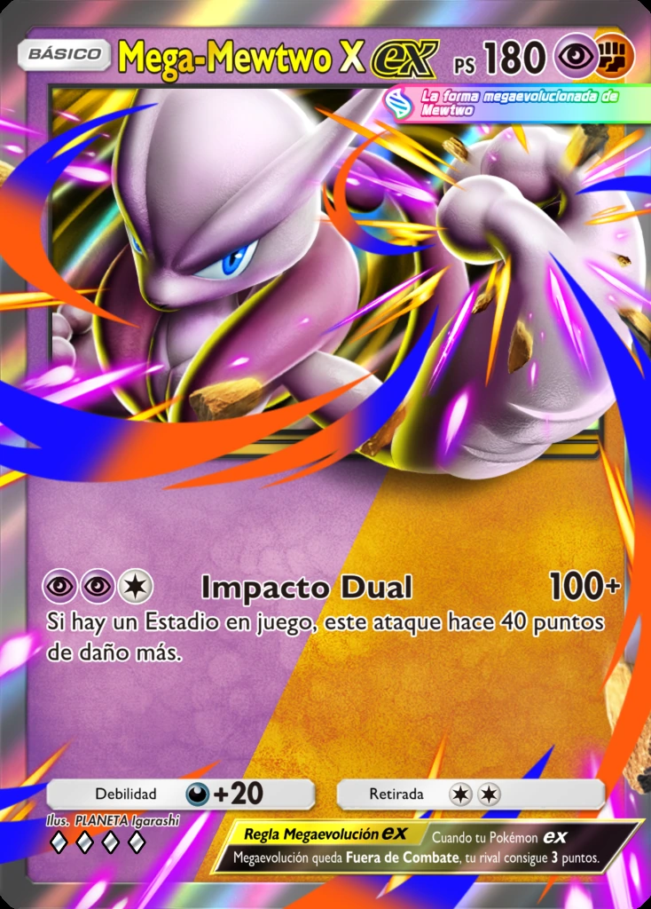 Carta oficial en español de Mega-Mewtwo X ex con el ataque Impacto Dual