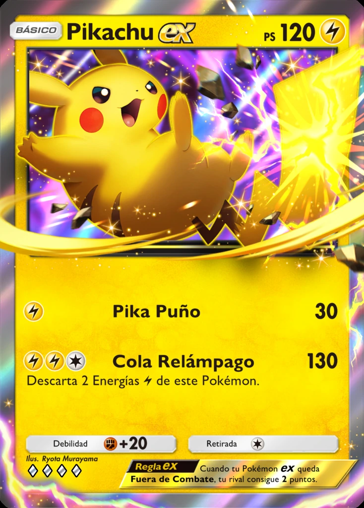 Carta oficial en español de Pikachu ex con los ataques Pika Puño y Cola Relámpago