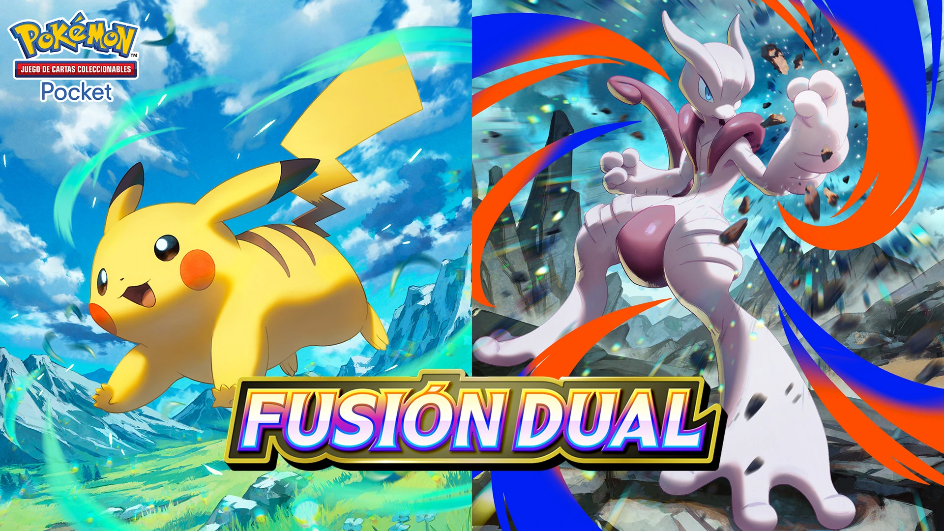 Portada oficial en español de Fusión Dual con Pikachu y Mega-Mewtwo X ex