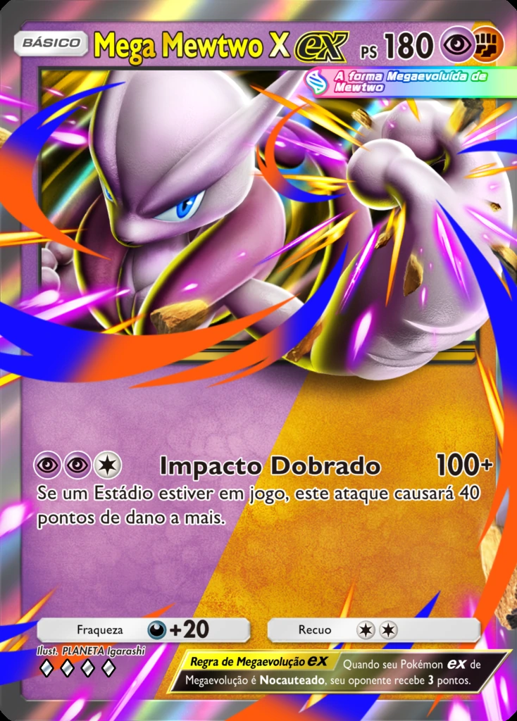 Carta oficial em português de Mega Mewtwo X ex com o ataque Impacto Duplo