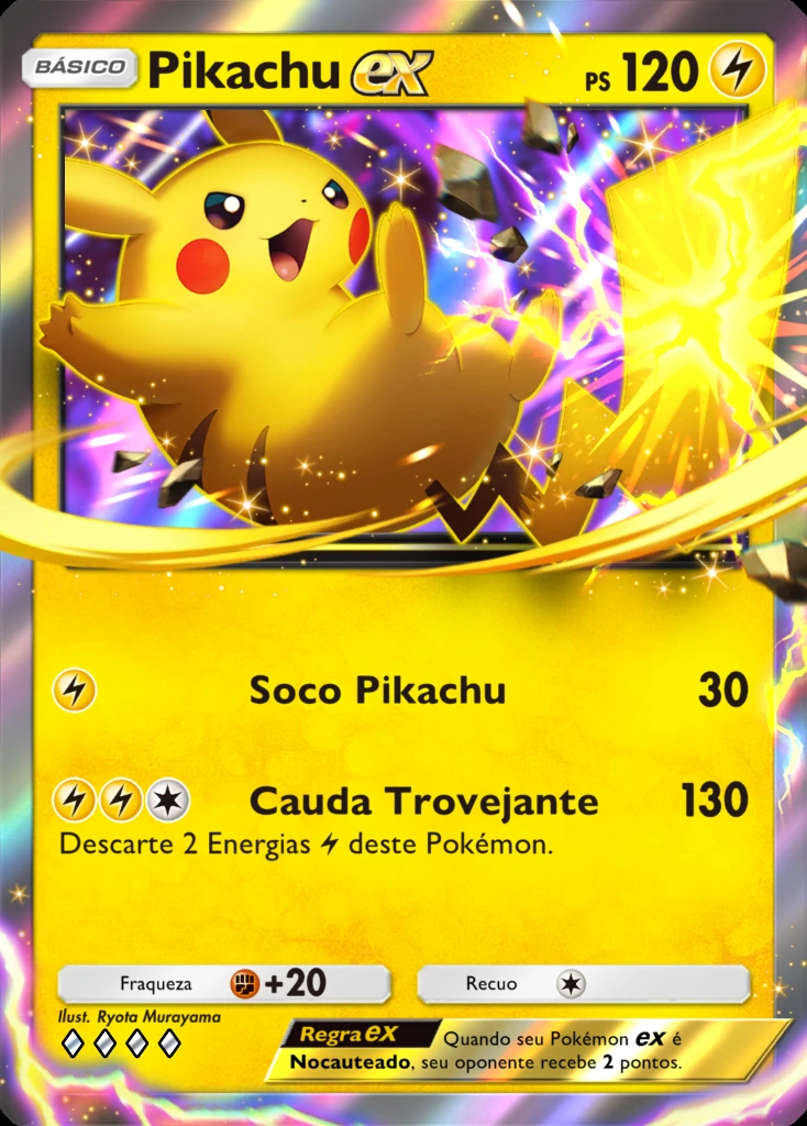 Carta oficial em português de Pikachu ex com os ataques Soco Pika e Cauda Relâmpago