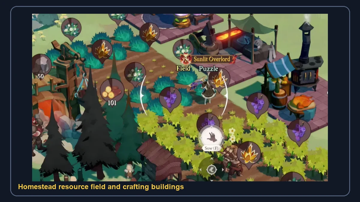 AFK Journey Homestead resource field with crafting buildings