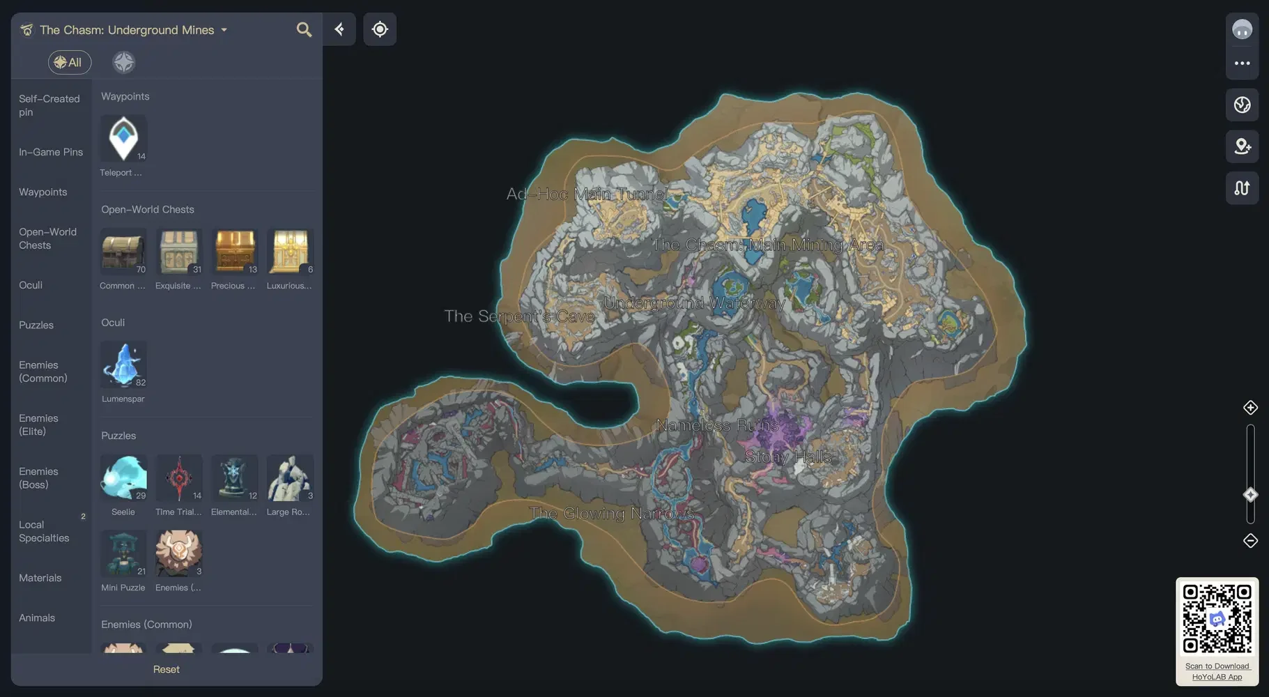 Official HoYoLAB Teyvat Interactive Map showing filters for chests, puzzles, enemies, and materials