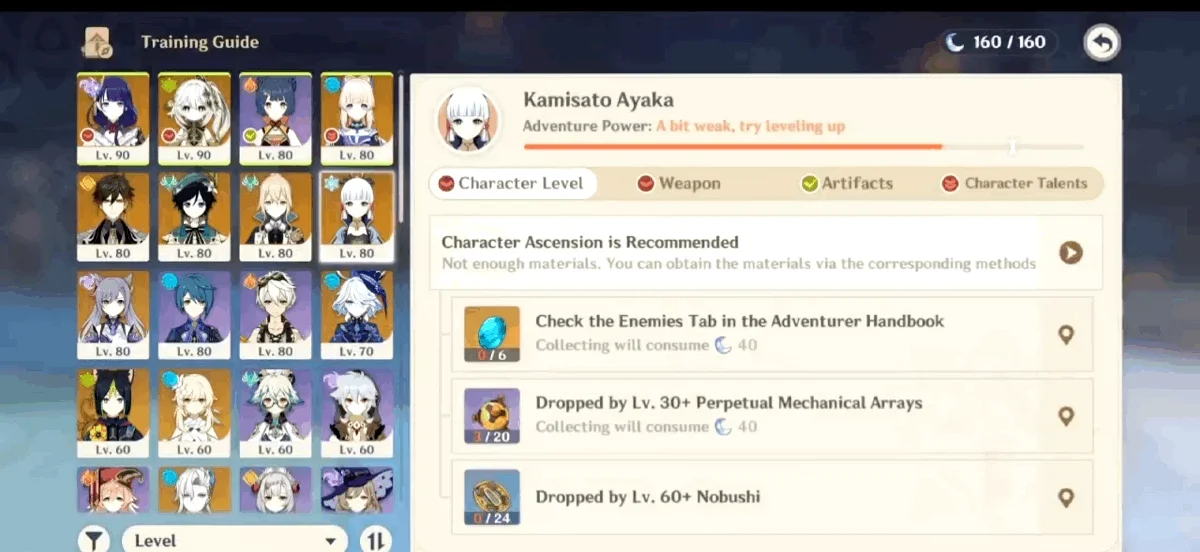 Genshin Impact Training Guide showing character level, weapon, artifacts, and talents