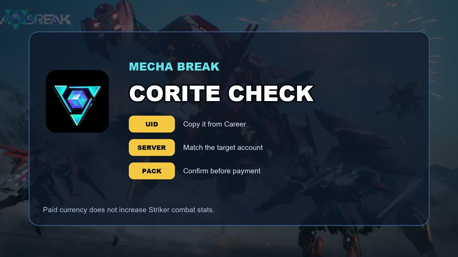 Mecha BREAK Corite purchase check for UID server and pack