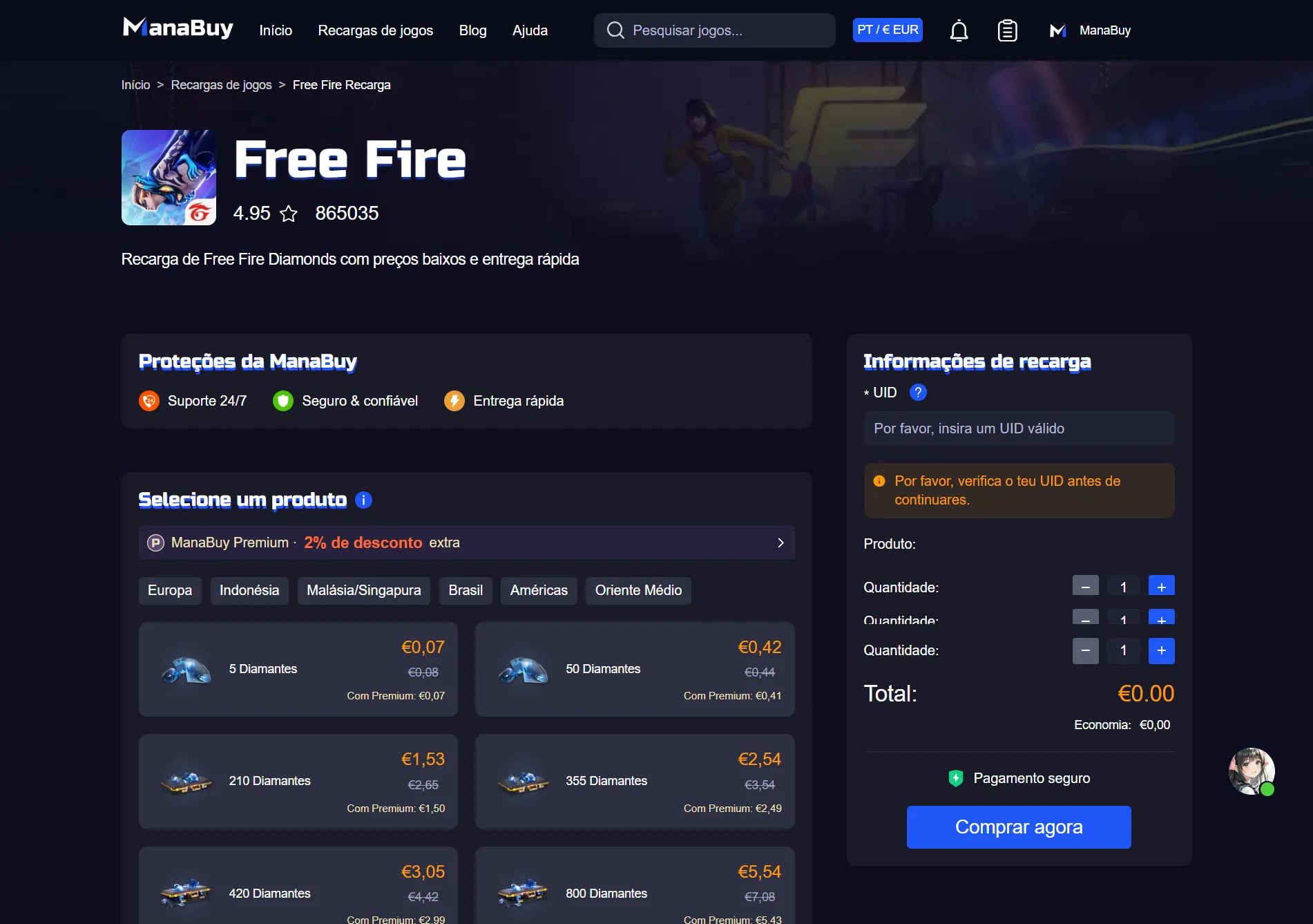 P&aacute;gina de Free Fire top up da ManaBuy em portugu&ecirc;s