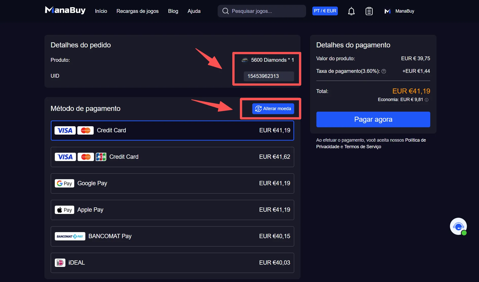 Confirmar pagamento da recarga Free Fire na ManaBuy