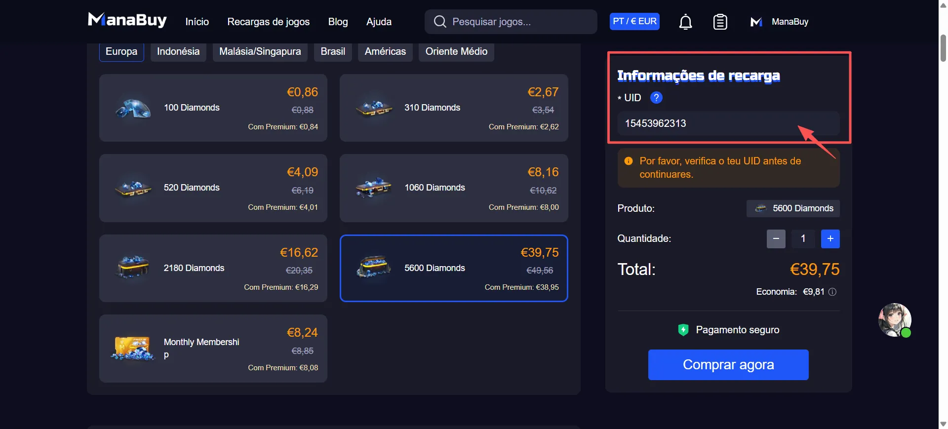 Inserir UID para carregar Diamantes Free Fire na ManaBuy