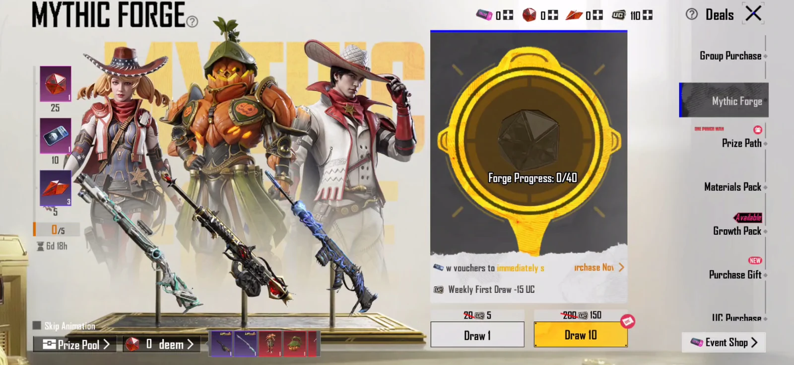 PUBG MOBILE Mythic Forge draw screen with 5 UC weekly first draw 150 UC ten draws and 0 of 40 Forge Progress