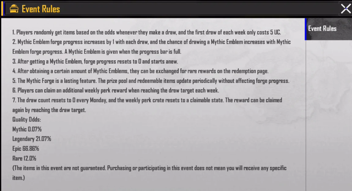 PUBG MOBILE Mythic Forge event rules showing quality odds emblem progress reset and redemption rules