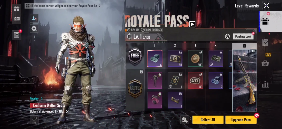 PUBG MOBILE September 2026 Royale Pass reward track with Free and Elite rows from level 1 to 100