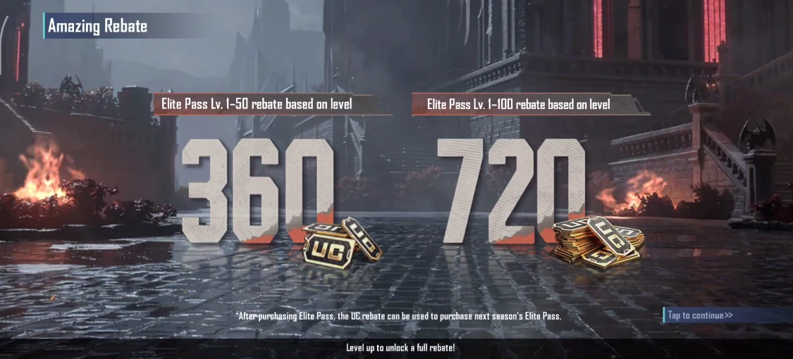 PUBG MOBILE Royale Pass September 2026 screen showing 360 and 720 UC level-based rebates