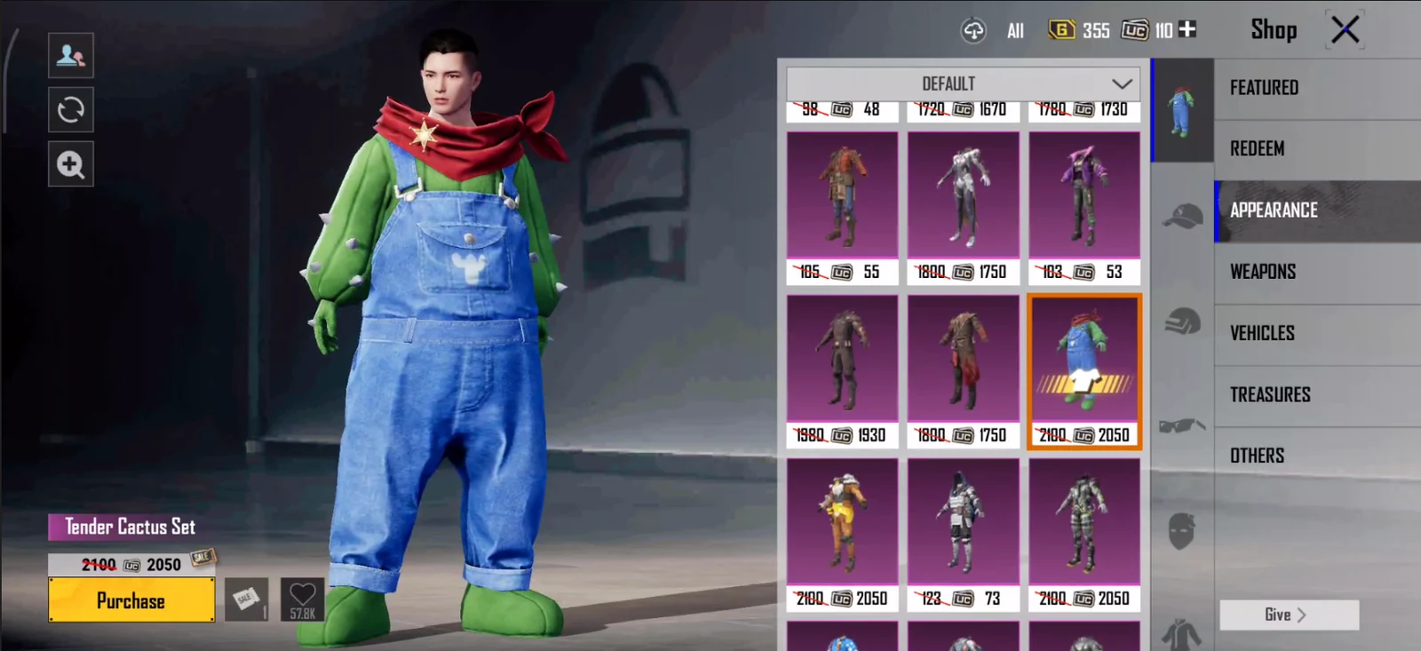 PUBG MOBILE shop showing the Tender Cactus Set at a fixed 2050 UC sale price in September 2026
