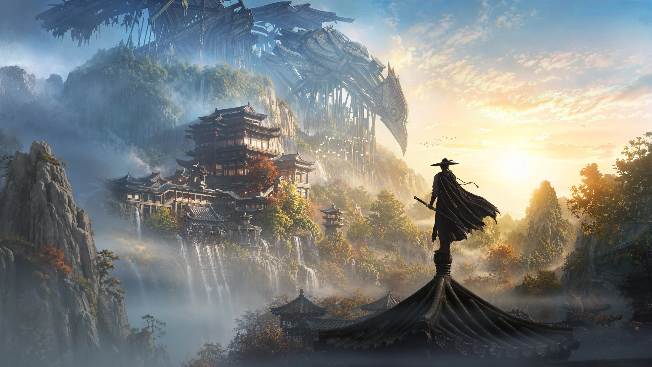Official Where Winds Meet Version 2 key art showing a wandering swordsman in Hidden Mountain