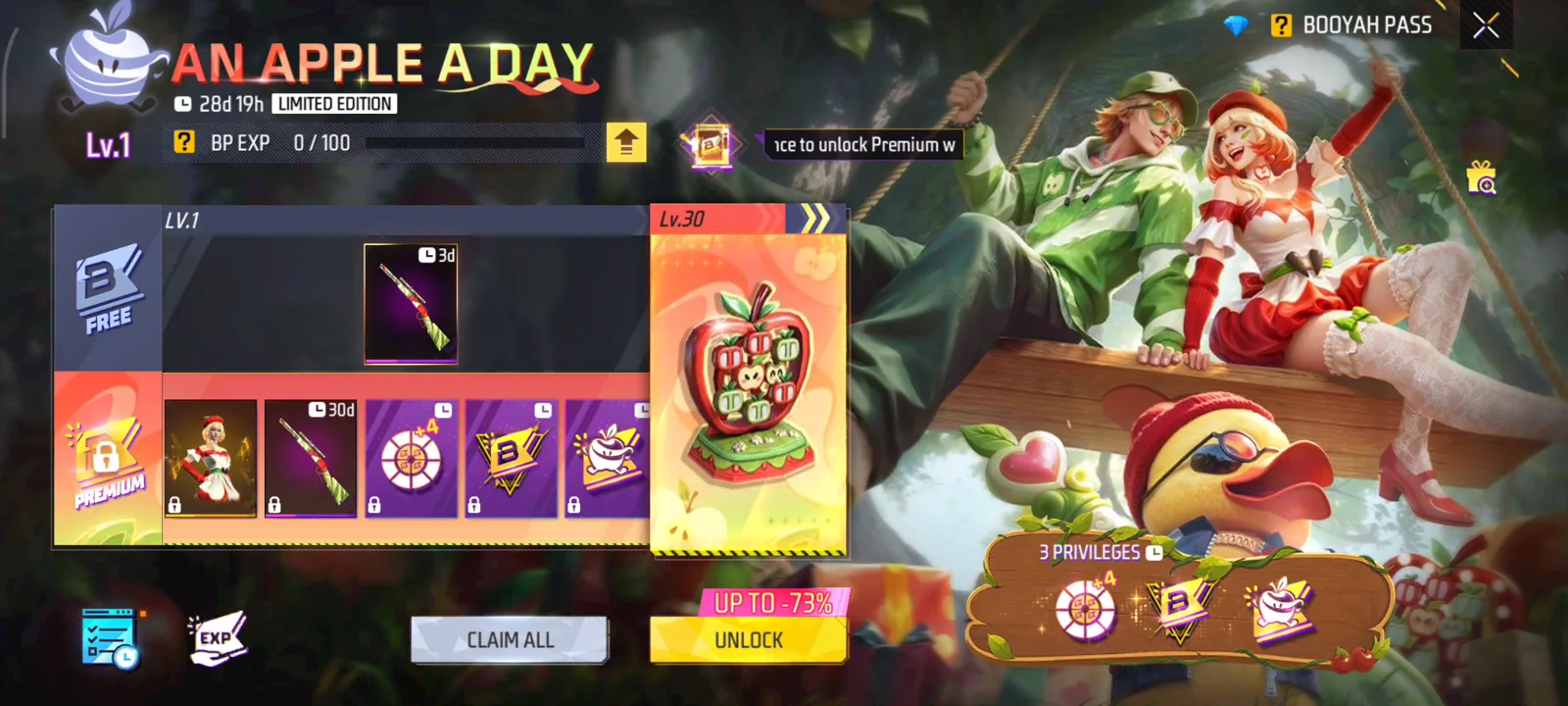 Free Fire Booyah Pass S44 An Apple A Day reward track and unlock screen