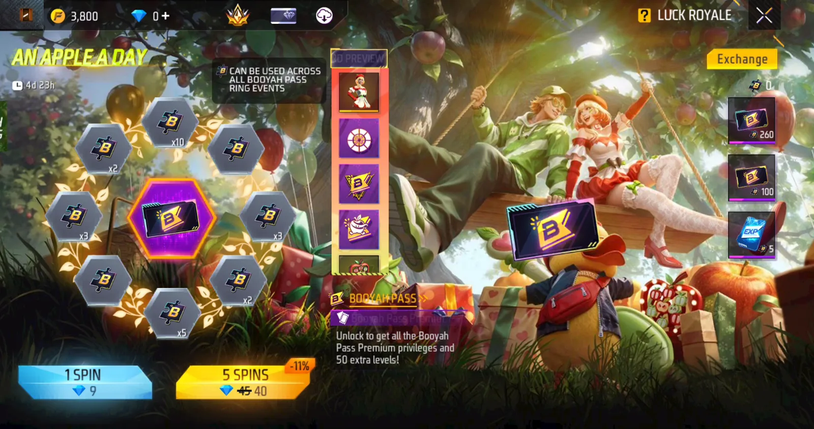 Free Fire Booyah Pass S44 Ring event with token spin and exchange screen