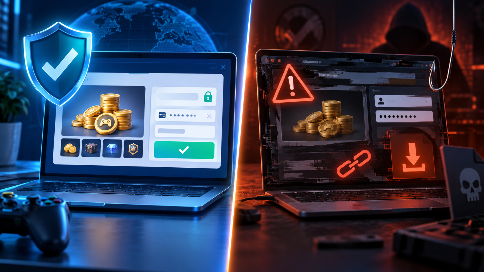 Comparação ilustrada entre uma página de recarga segura e um site falso de diamantes