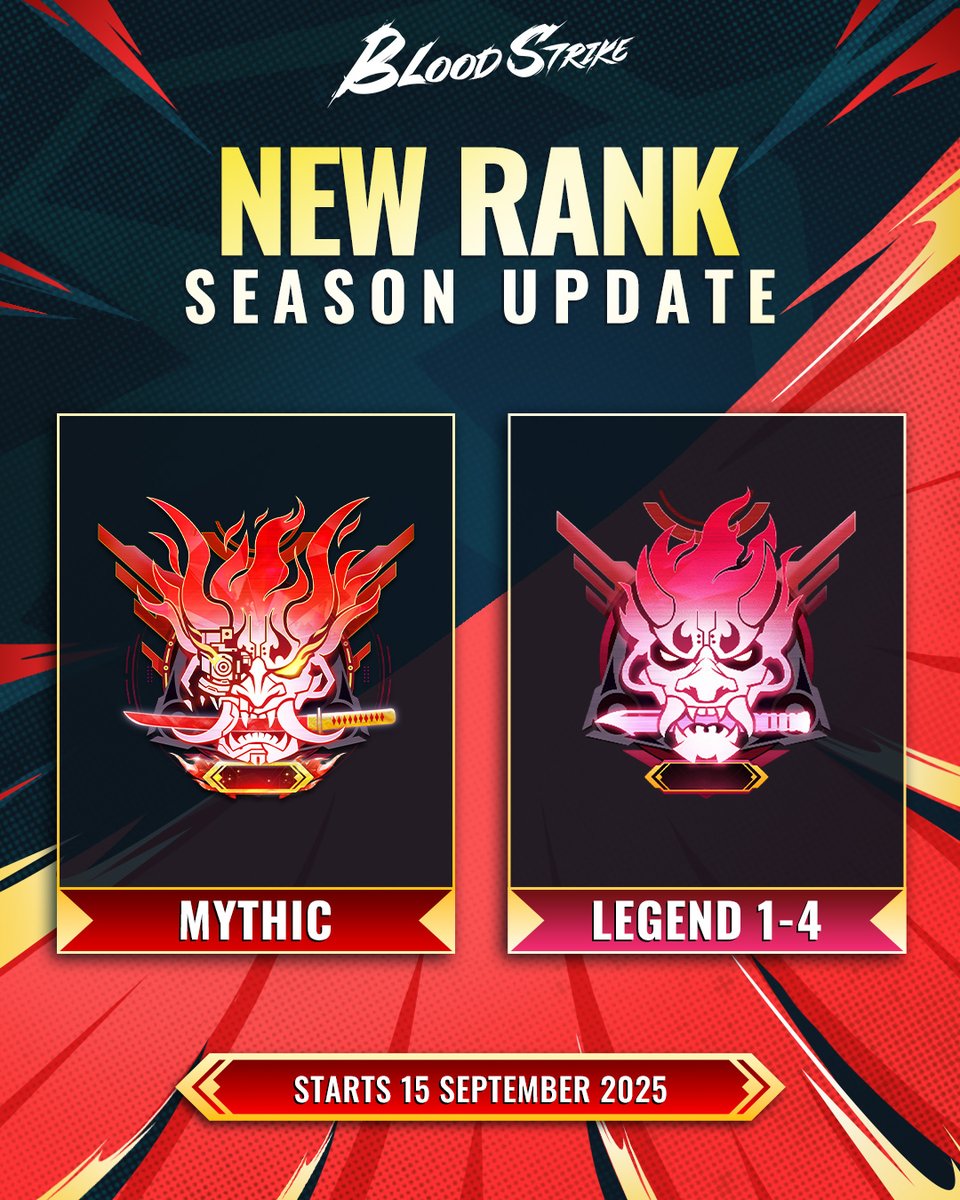 Arte oficial de Blood Strike mostrando os emblemas Mítico e Lenda 1 a 4